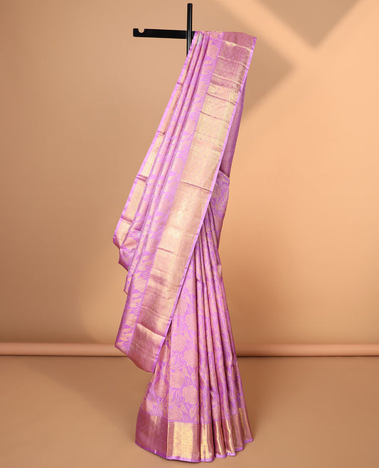 Puprle floral vine design kancheepuram wedding silk saree with contrast zari design border & intricate zari design pallu