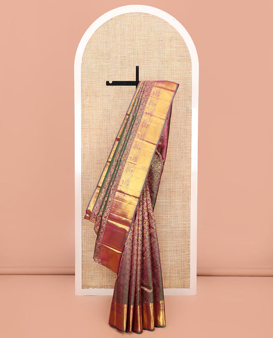 Purple Kanchipuram Wedding Silk Saree, Opulently Embellished with Jacquard Design on Its Body, Highlighted by Zari Border of Rekku, Muthu, and Kodi Visiry Designs, Intricately Designed Pallu and Paired with a Matching Blouse