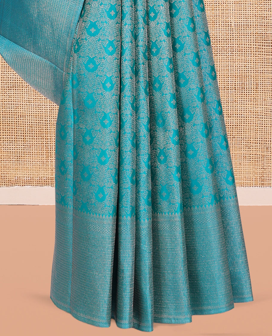 Blue Kanchipuram Wedding Silk Saree, Woven with Jacquard Design, a Zari Border of Traditional Designs, Jaal  Pallu, and a Matching Blouse