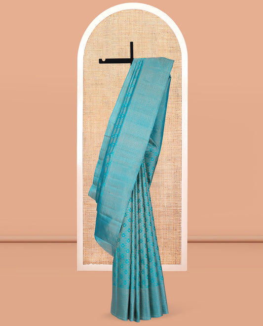 Blue Kanchipuram Wedding Silk Saree, Woven with Jacquard Design, a Zari Border of Traditional Designs, Jaal  Pallu, and a Matching Blouse