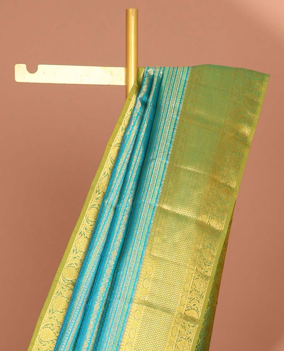 Blue striped floral design kancheepuram silk saree with contrast intricate zari border & checked zari design pallu