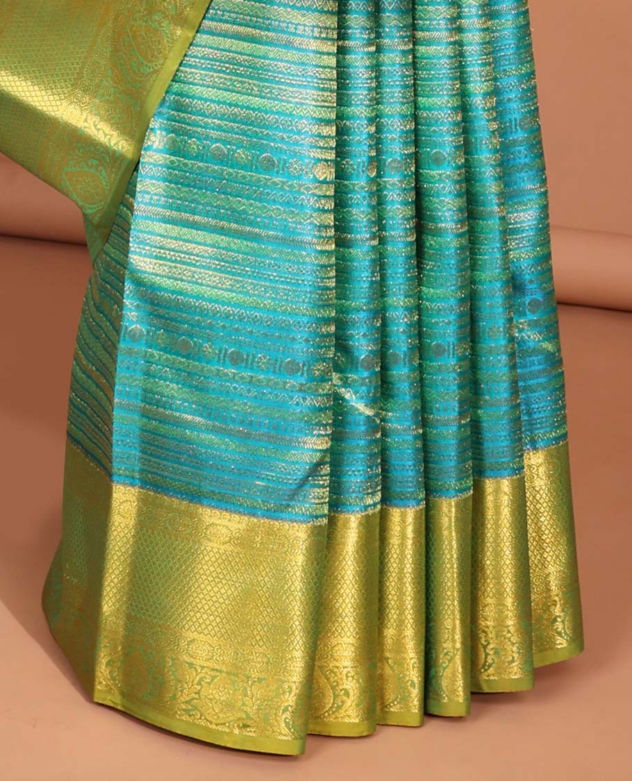 Blue striped floral design kancheepuram silk saree with contrast intricate zari border & checked zari design pallu
