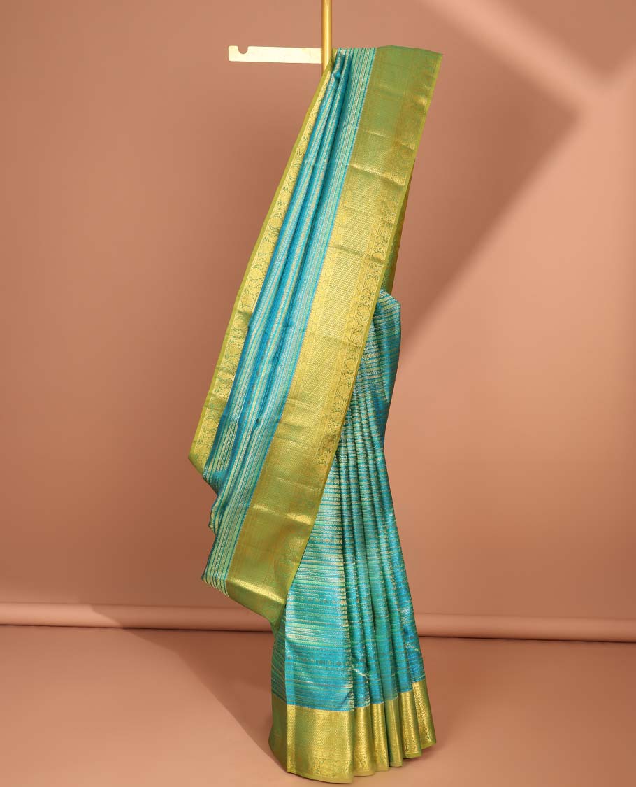 Blue striped floral design kancheepuram silk saree with contrast intricate zari border & checked zari design pallu