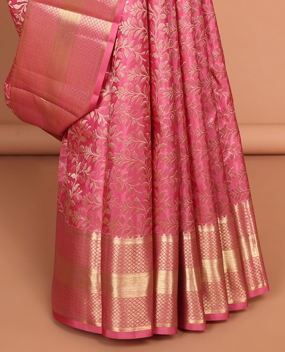 Pink floral vine design kancheepuram silk saree with self border of rekku , kuyil kann, banaras design & zari design pallu