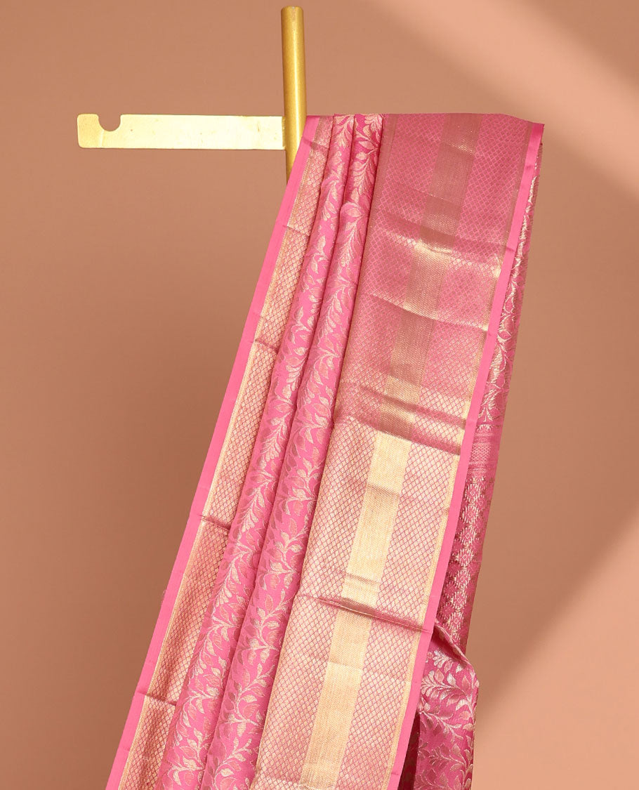 Pink floral vine design kancheepuram silk saree with self border of rekku , kuyil kann, banaras design & zari design pallu