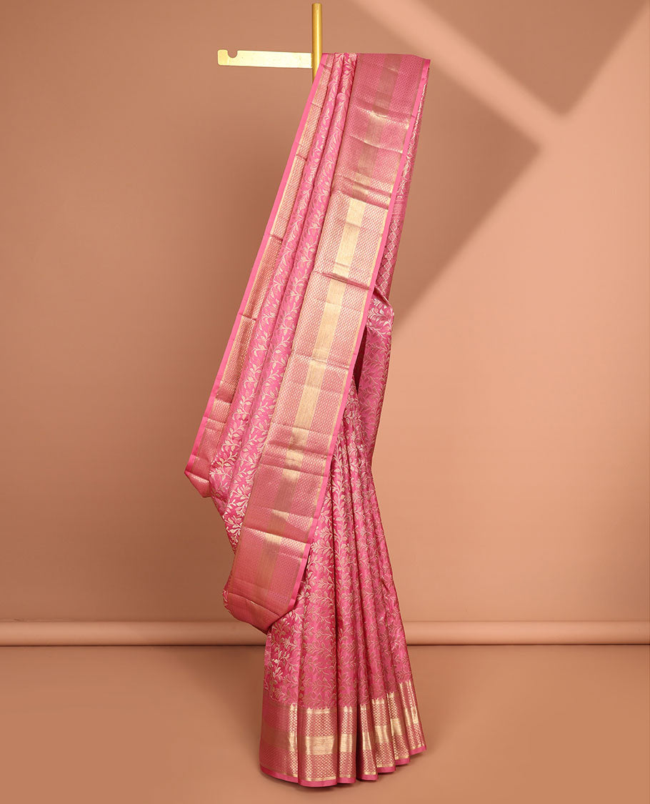 Pink floral vine design kancheepuram silk saree with self border of rekku , kuyil kann, banaras design & zari design pallu