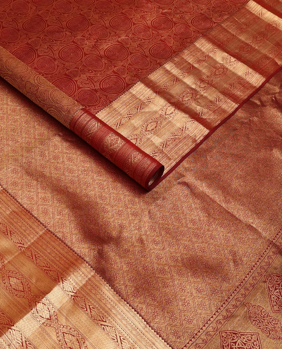 Red jacquard kanchipuram wedding silk saree, zari border of rekku, diamond,muthu,kathir & kuyil kann & jaal pallu