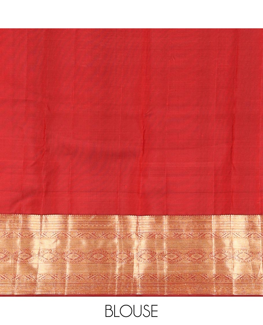 Red jacquard kanchipuram wedding silk saree, zari border of rekku, diamond,muthu,kathir & kuyil kann & jaal pallu