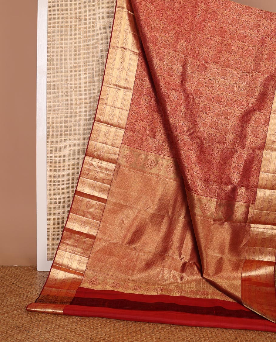 Red jacquard kanchipuram wedding silk saree, zari border of rekku, diamond,muthu,kathir & kuyil kann & jaal pallu
