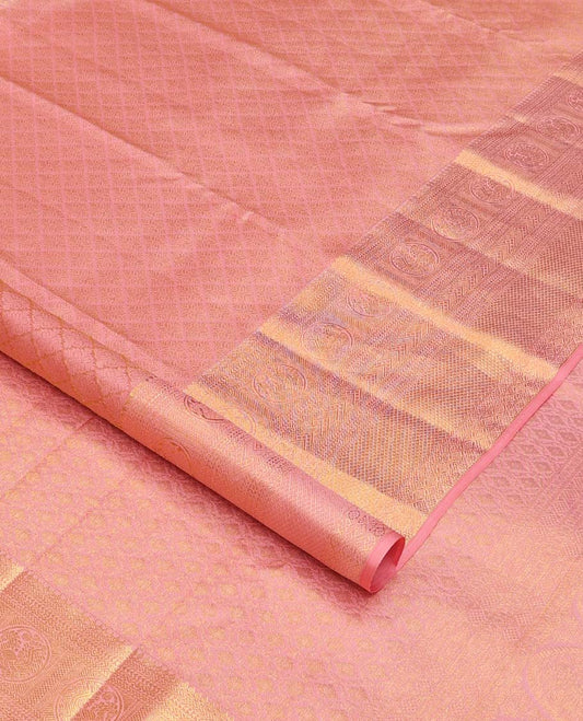 Pink jacquard wedding silk saree, zari border of kathir, vanki, round mayil, and mayil kann, and jaal pallu