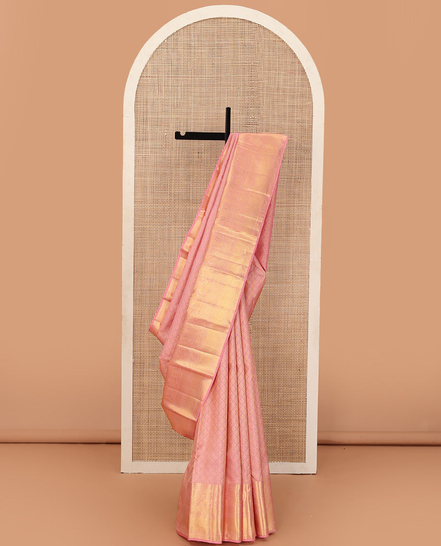 Pink jacquard wedding silk saree, zari border of kathir, vanki, round mayil, and mayil kann, and jaal pallu