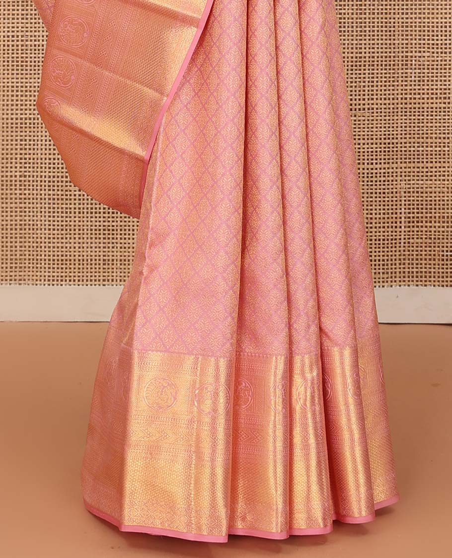 Pink jacquard wedding silk saree, zari border of kathir, vanki, round mayil, and mayil kann, and jaal pallu