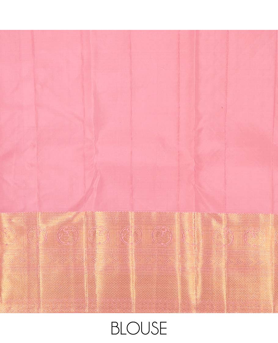 Pink jacquard wedding silk saree, zari border of kathir, vanki, round mayil, and mayil kann, and jaal pallu