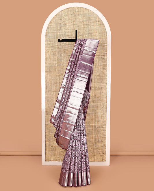 Purple jacquard kanchipuram silk saree, zari border, and zari-rich pallu of vanki designs
