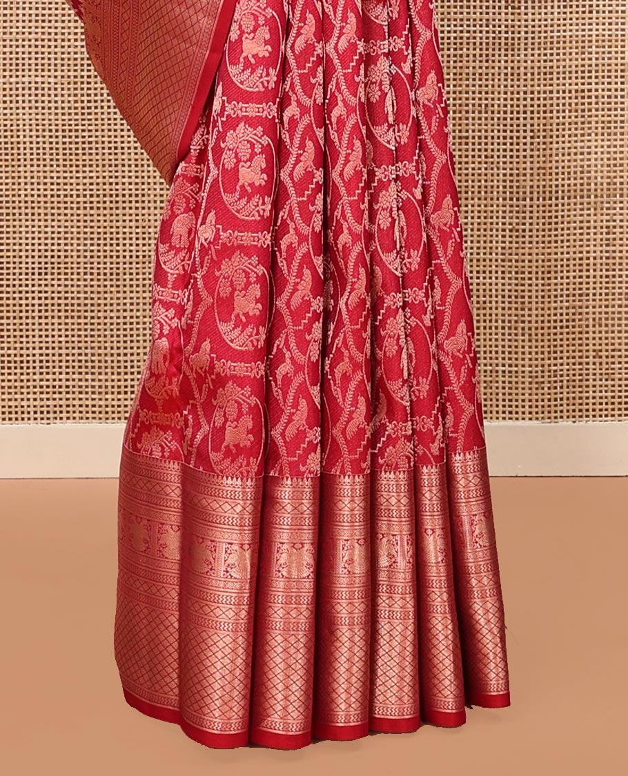 Red Kanchipuram Wedding Silk Saree, Gracefully Embellished with Jacquard on Its Body, Highlighted by a Zari Border of Thilakam Mokku, Diamond, Kodi Visiry, Iruthalai Pakshi, and Jaal Designs, Grand Jaal Pallu, and Paired with a Matching Blouse