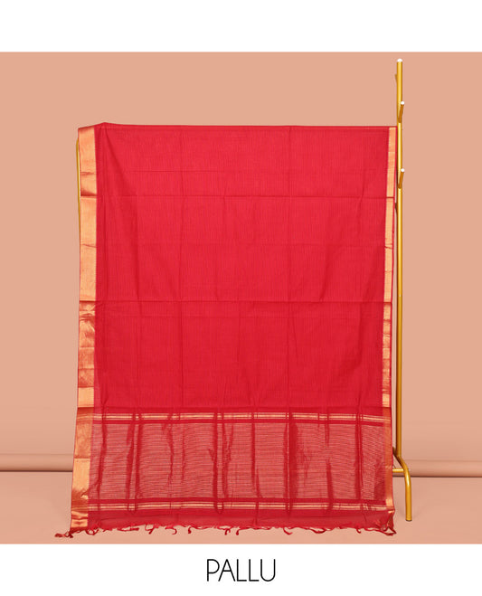 Red Sparsely Striped Mangalgiri Cotton Saree, Highlighted by a Zari Border, Gleaming Zari-Striped Pallu, and Paired with a Matching Blouse