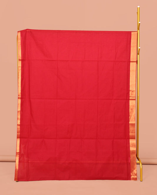 Red Sparsely Striped Mangalgiri Cotton Saree, Highlighted by a Zari Border, Gleaming Zari-Striped Pallu, and Paired with a Matching Blouse