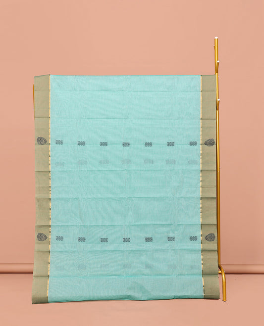 Blue Kanchi Cotton Saree, Woven with Buttas All Over Its Body, Complemented by Contrast Unique Motif Border, Pallu of Chevron Stripes, and Paired with a Matching Blouse