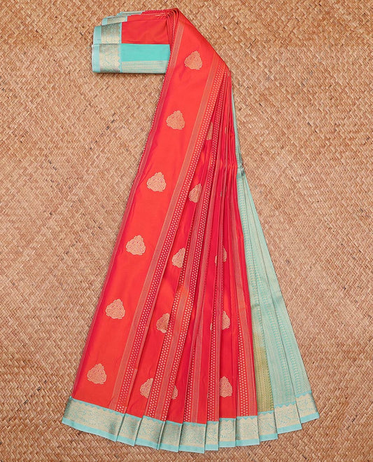 Orange zari design gift saree, contrast traditional zari border, and geometric patterned pallu