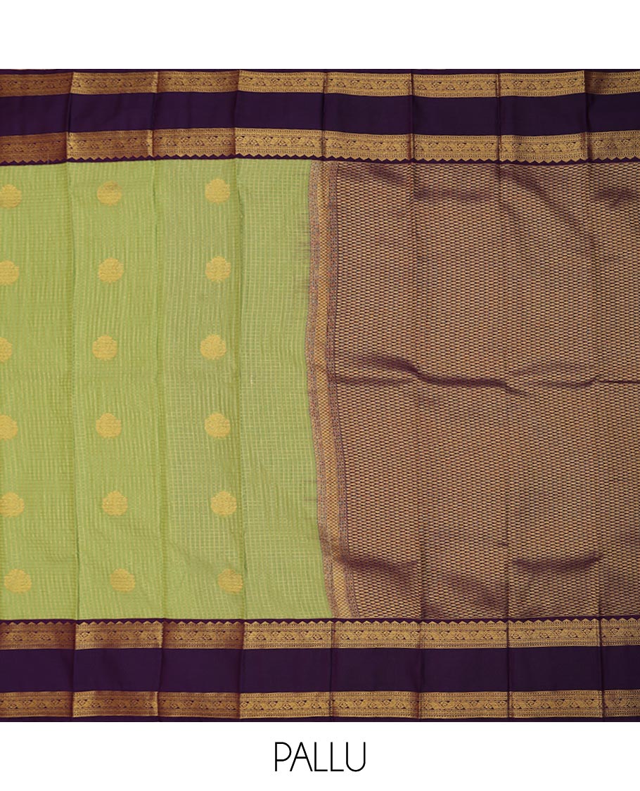 Green micro-checked and buttas gift saree, contrast traditional zari design rettai pettu border, and jaal pallu