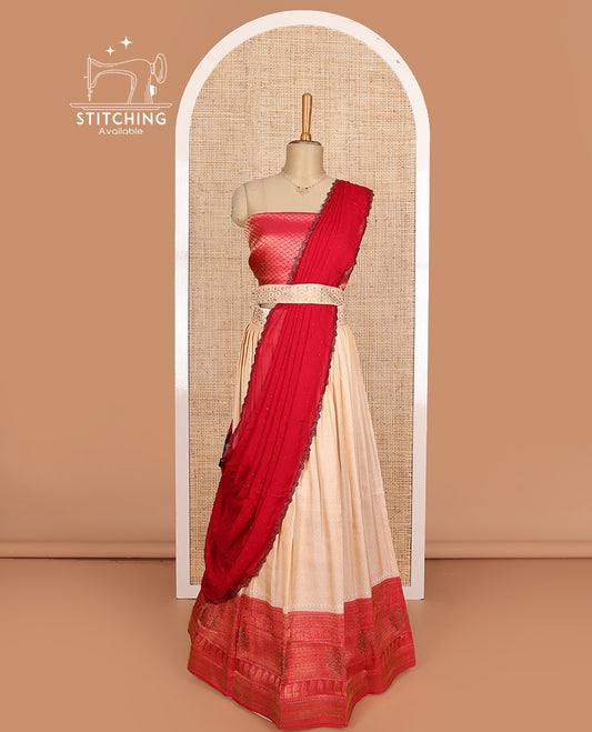 Sandal art silk half-saree, brocade with contrast traditional border skirt, contrast red brocade blouse, scallop stone work dhavani, and detachable belt