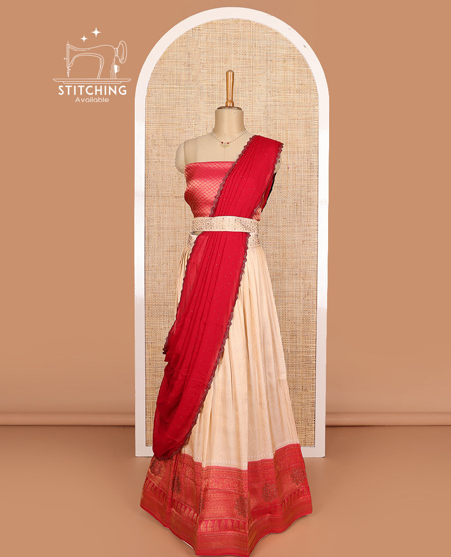 Sandal art silk half-saree, brocade with contrast traditional border skirt, contrast red brocade blouse, scallop stone work dhavani, and detachable belt
