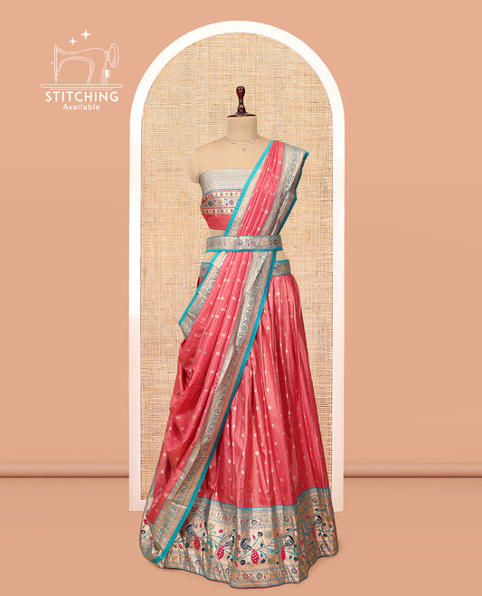 Peach Banarasi Half-Saree, Impeccably Styled with Zari Buttas Skirt, a Contrast Paithani-Style Border, Contrast  Blouse, and Matching Dupatta
