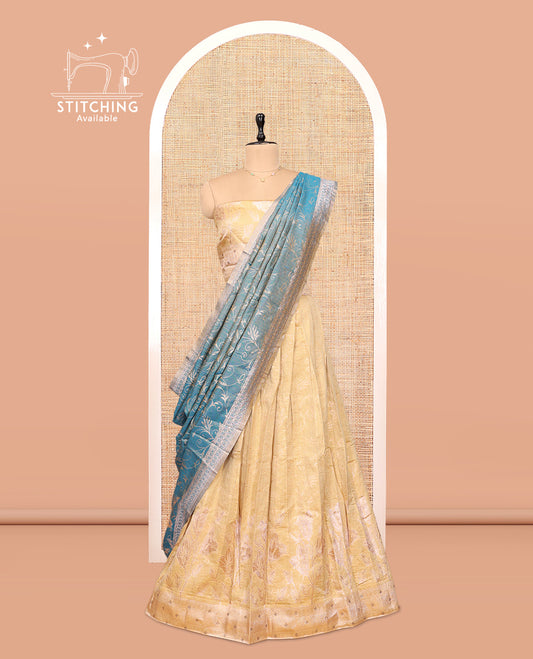 Sandal-Blue Banarasi Half-Saree Features Floral Vine Design Skirt, a Self-Border, a Matching  Blouse, and a Contrast Floral Vine Dhavani
