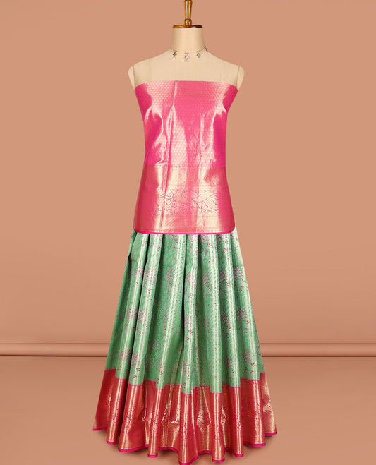 Pista green art silk half saree, jacquard with contrast traditional zari border skirt, jacquard contrast blouse and zari woven dhavani