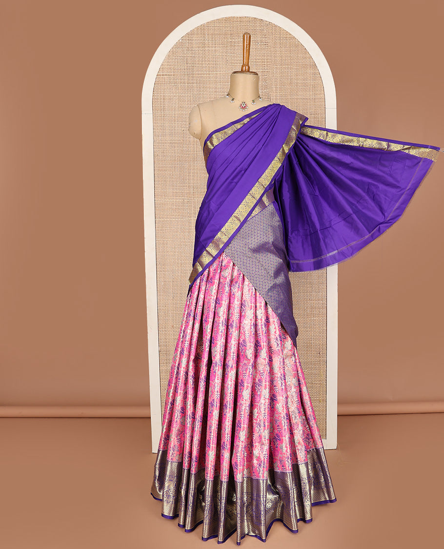 Pink art silk half-saree pavadai material, floral jacquard with contrast traditional border skirt, jacquard blouse, and zari design dhavani