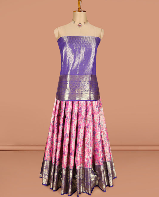 Pink art silk half-saree pavadai material, floral jacquard with contrast traditional border skirt, jacquard blouse, and zari design dhavani