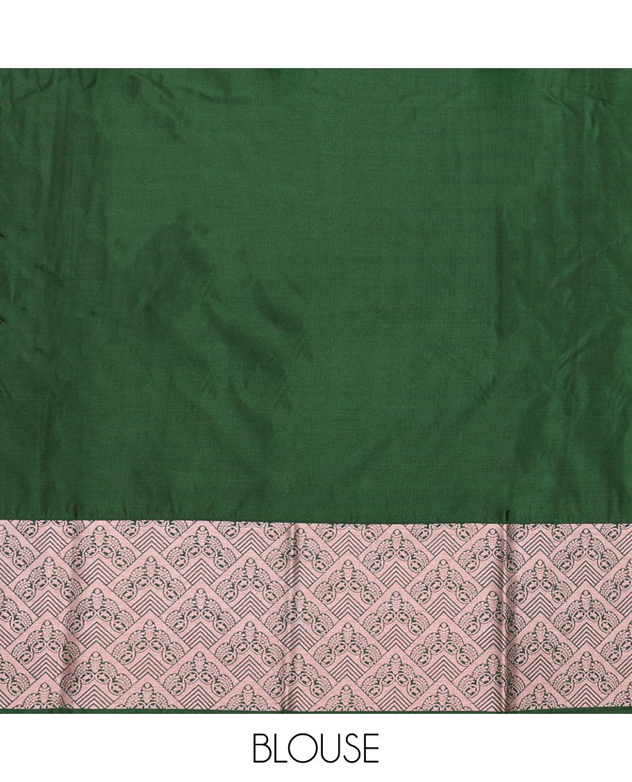 Cherry red silk pavadai set, zari design with contrast jaal zari bordered skirt and a contrast zari border blouse