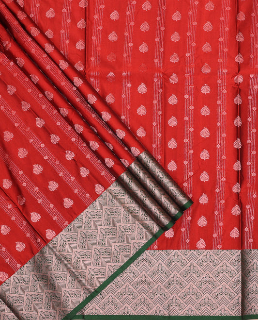 Cherry red silk pavadai set, zari design with contrast jaal zari bordered skirt and a contrast zari border blouse