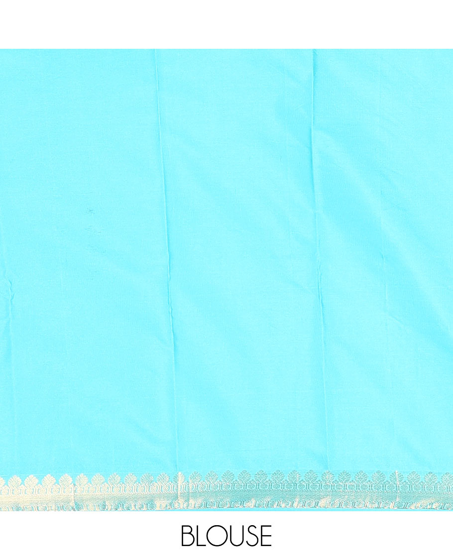 Blue peacock chakram buttas budget silk saree, traditional zari design border, and contrast ogee patterned pallu