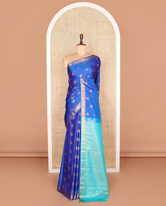 Blue peacock chakram buttas budget silk saree, traditional zari design border, and contrast ogee patterned pallu
