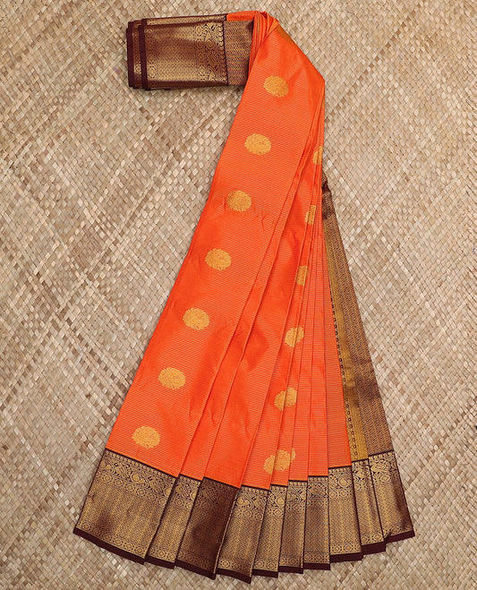 Orange round peacock buttas and striped budget silk saree, contrast traditional zari border, and jaal pallu