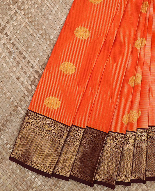 Orange round peacock buttas and striped budget silk saree, contrast traditional zari border, and jaal pallu