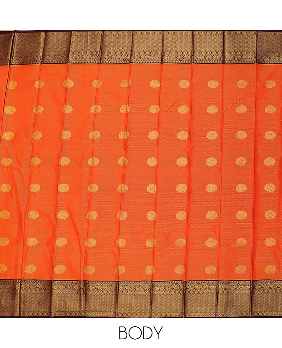 Orange round peacock buttas and striped budget silk saree, contrast traditional zari border, and jaal pallu