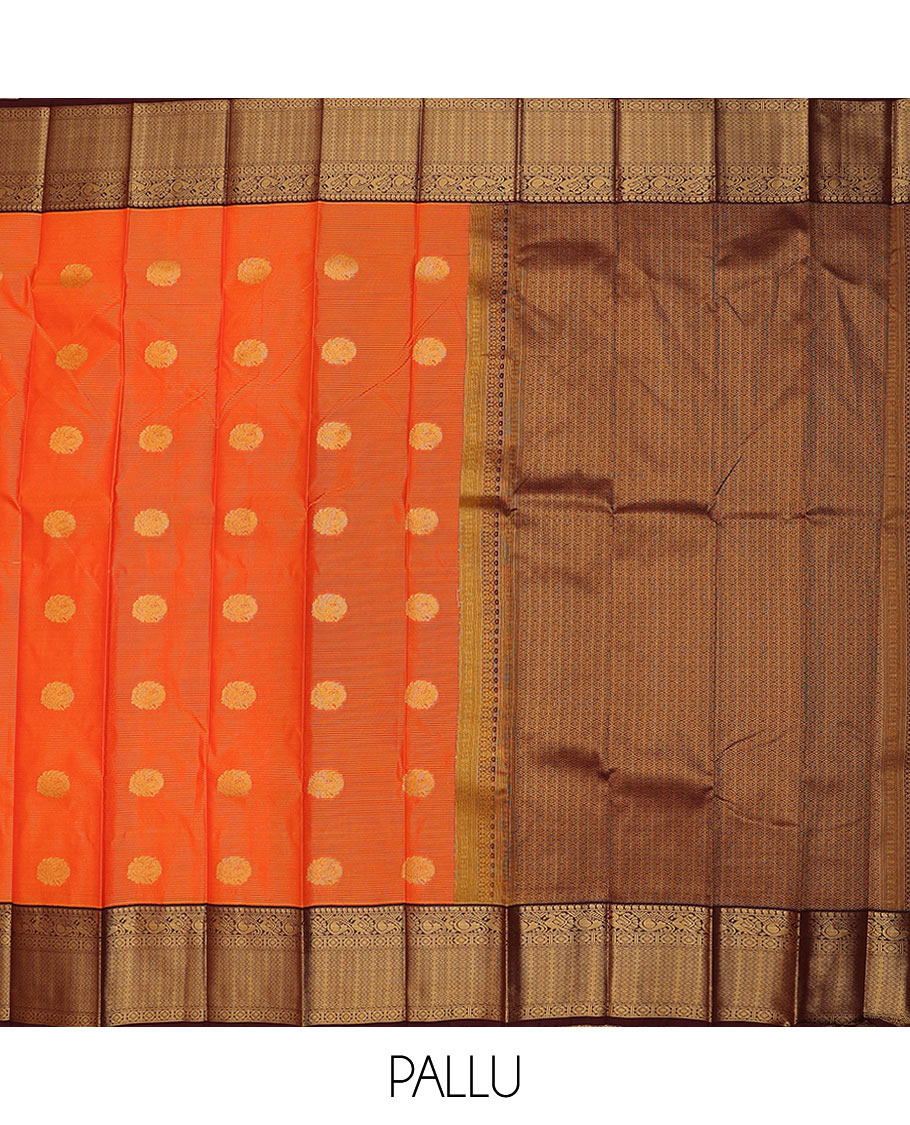 Orange round peacock buttas and striped budget silk saree, contrast traditional zari border, and jaal pallu