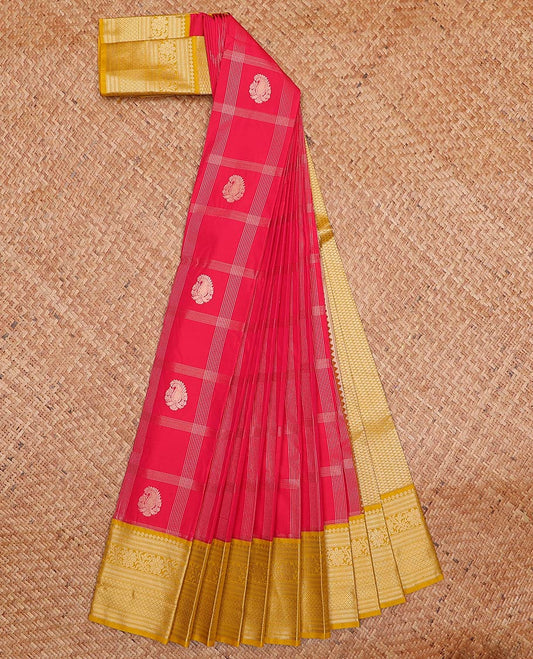 Red zari butta enclosed checked gift saree, contrast traditional zari design border, and jaal pallu