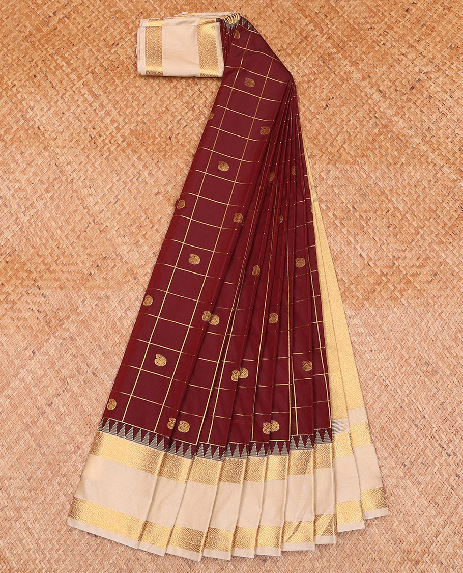 Maroon Budget Silk Saree, Subtly Enriched with Paisley Butta Enclosed Checked Designs on Its Body, Complemented by a Contrast Traditional Zari Design Rettai Pettu Border, Grand Jaal Pallu, and Paired with a Contrast Blouse