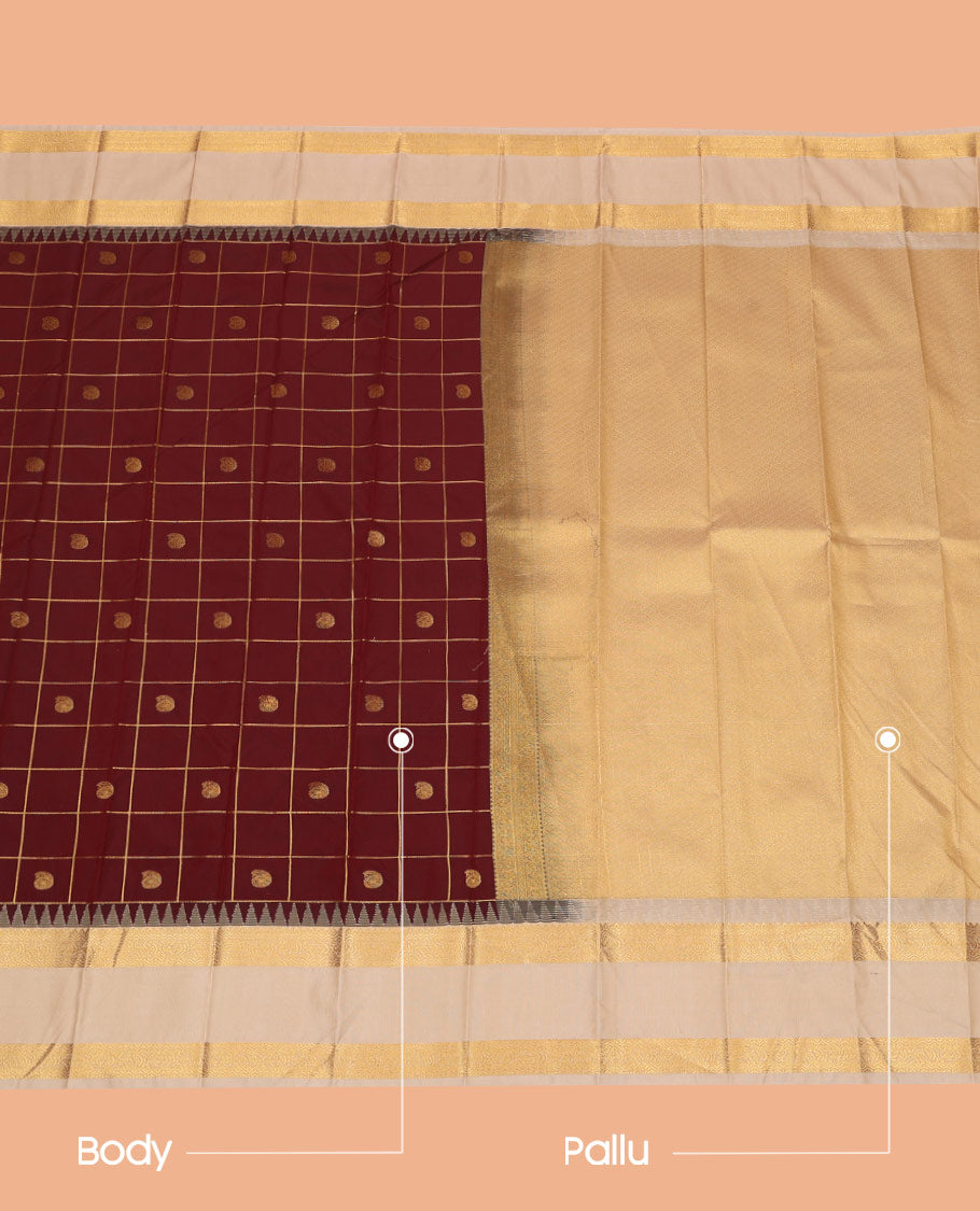 Maroon Budget Silk Saree, Subtly Enriched with Paisley Butta Enclosed Checked Designs on Its Body, Complemented by a Contrast Traditional Zari Design Rettai Pettu Border, Grand Jaal Pallu, and Paired with a Contrast Blouse