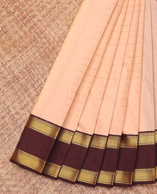 Peach Budget Silk Saree, Embellished with Zari Stripes All Over Its Body, Complemented by a Contrast Traditional Zari Design Rettai Pettu Border, Elegantly Highlighted Jaal Pallu, and Paired with a Contrast Blouse