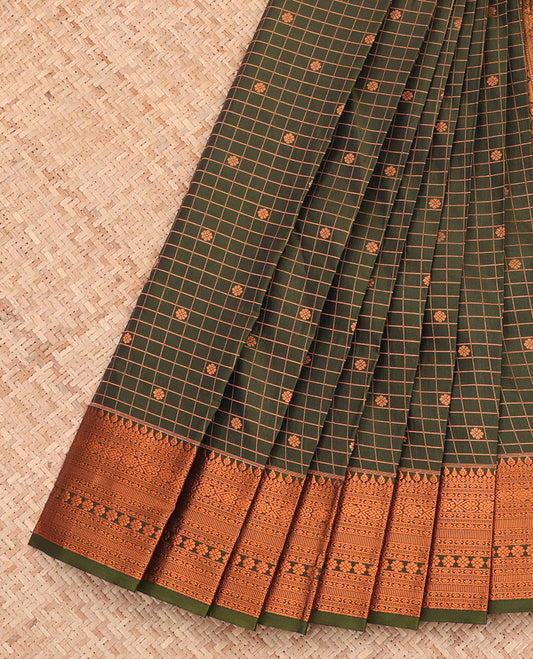 Olive Green Budget Silk Saree, Accentuated with Zari Buttas and Checks All Over Its Body, Highlighted by a Traditional Zari Design Border, Grand Pallu, and Paired with a Matching Blouse