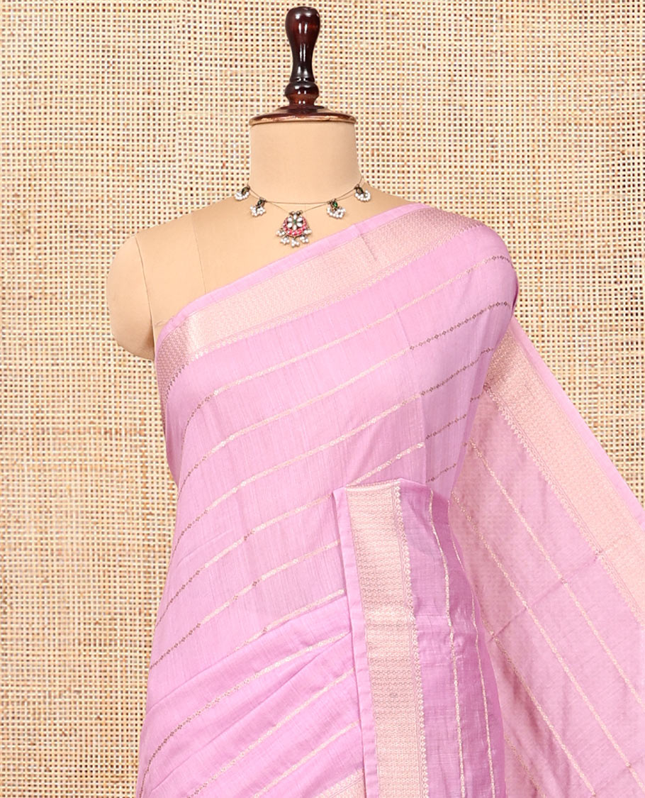 Pink Assam Silk Saree, Woven with Zari Stripes, Highlighted by a Traditional Border, a Gleaming Striped Pallu, and a Matching Blouse