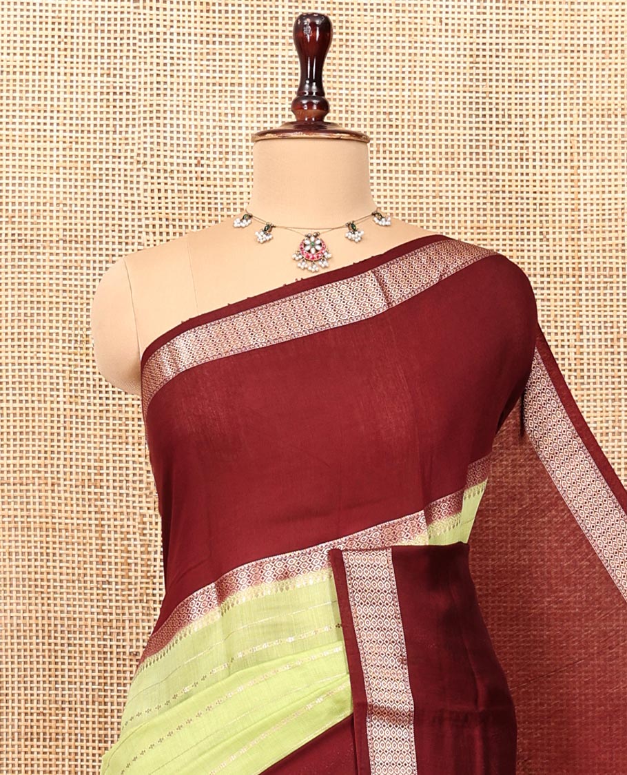 Green Assam Silk Saree, Delicately Woven with Stripes, Complemented by a Contrast Traditional Border, Zari-Striped Pallu, and a Contrast Blouse