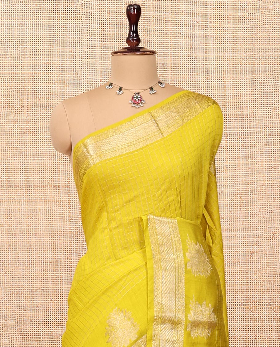 Yellow Assam Silk Saree, Detailed with Zari Checks, Highlighted by a Traditional Zari Border, Zari-Striped Pallu, and a Matching Blouse