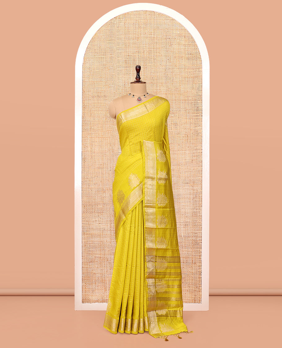 Yellow Assam Silk Saree, Detailed with Zari Checks, Highlighted by a Traditional Zari Border, Zari-Striped Pallu, and a Matching Blouse