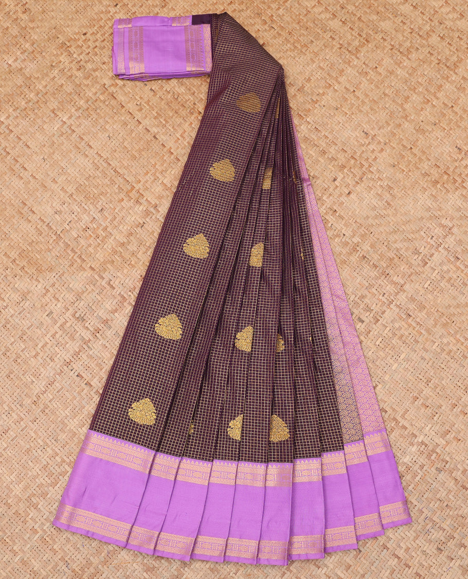 Purple Budget Silk Saree, Woven with Zari Buttas and Checks, a Contrast Traditional Zari Rettai Pettu Border, Grand Pallu, and a Contrast Blouse
