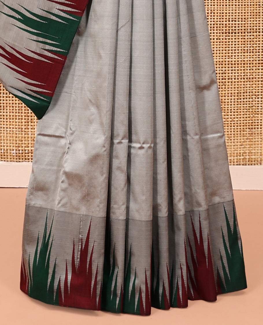 Grey Plain Bangalore Silk Saree, Complemented by a Contrast Temple Border, Pallu of Stripes, and a Contrast Blouse